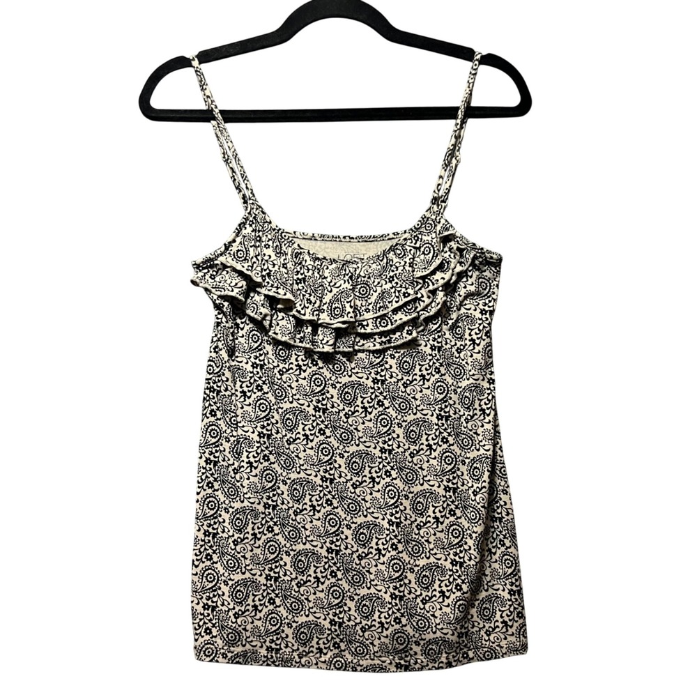 Ann Taylor LOFT Paisley‎ Cami Top Ruffle Sleeveless Casual Black Beige Small